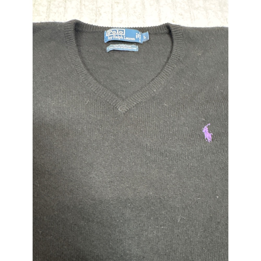 Polo Ralph Lauren Mens Black 100% Lambswool V-Neck Sweater Purple‎ Pony Large
